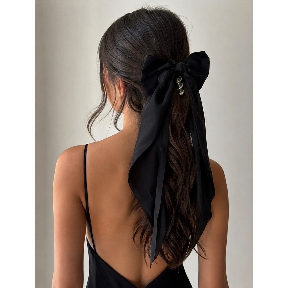 Handmade Hair Bow Clip Women Snake Charm Coquette Goth Black Satin Ribbon Witchy